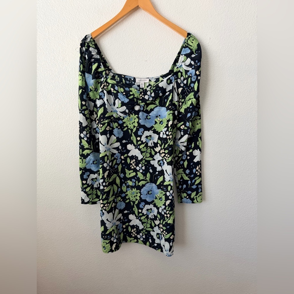 Topshop Black Floral Mini Dress UK 12 US 8 Blue Green White Print 3/4 Sleeve